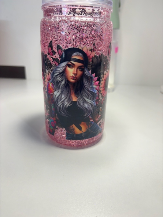 Pink glitter 16oz snow globe tumbler with silver-haired butterfly girl design